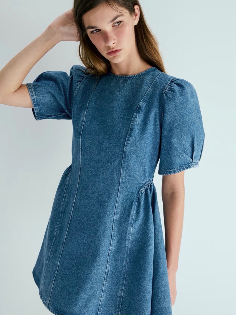 H&M Blue Denim Puff-Sleeve Mini Dress